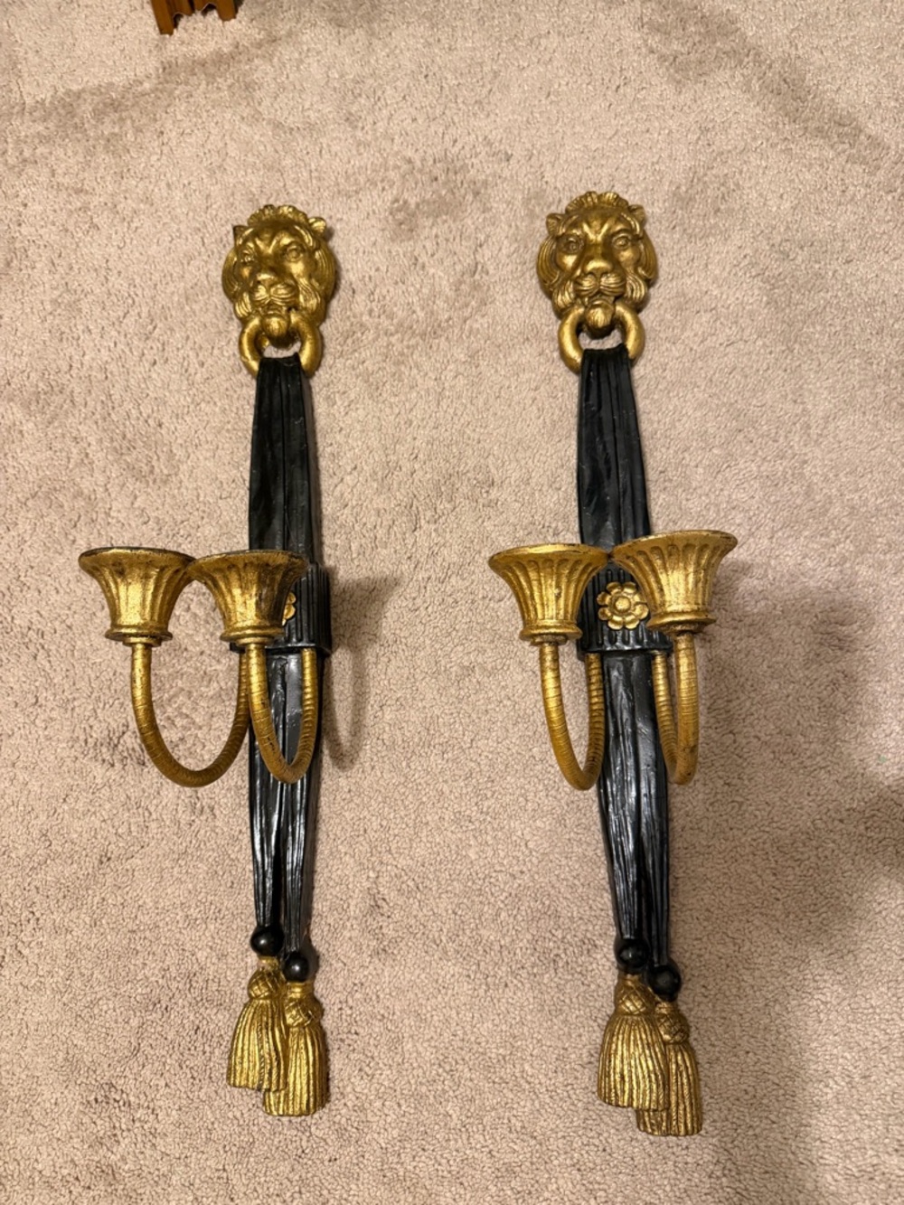 Vintage style lion head & tassel wall mount candle holders